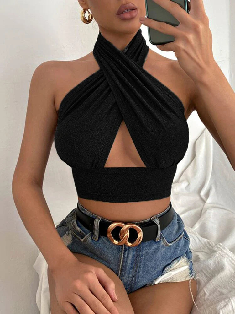 Xanthe - Dames Zomer Kruis Hals Halter Crop Top