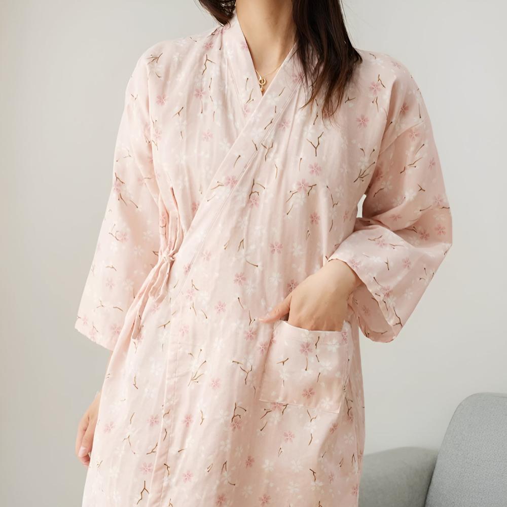 Gebloemde kimono-kamerjas | Wikkelfront en wijde mouwen 0