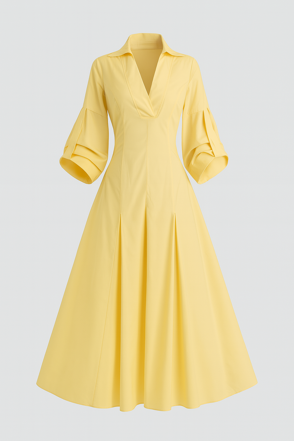 Lange Jurk Dames V-Hals in Butter Geel met Hoge Taille en Plissé – Elegante Lange Jurken voor Casual en Formele Gelegenheden