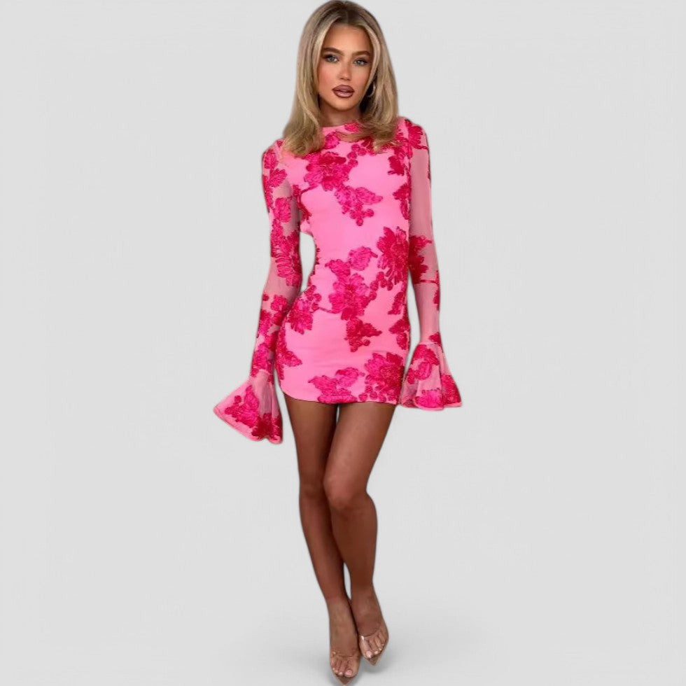 Mini-jurk van mesh met bloemenprint en klokmouwen - elegante lentestijl