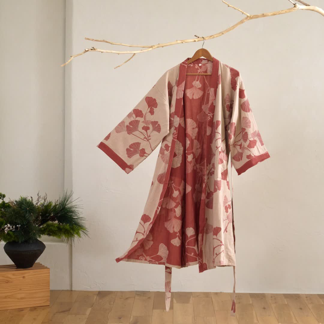 Ownkoti | Ginkgobladeren katoenen kimono-jas 11