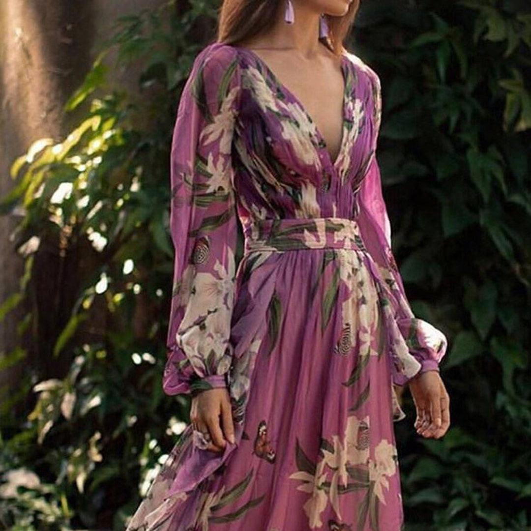 Geraffineerde en elegante maxi-jurk met bloemenprint, V-hals en lange mouwen
