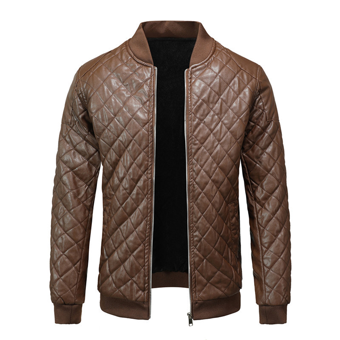 Warme leren jas met rits voor heren – elegante stijl met hoge kraag