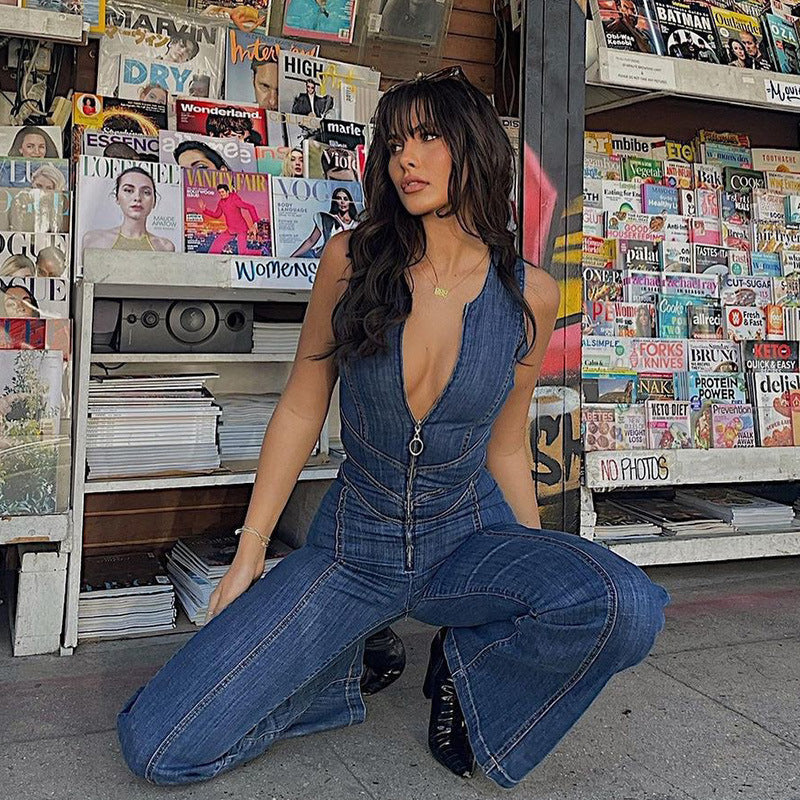 Denim jumpsuit met hartvormige uitsparing – een stretch damesmode-eendelige set