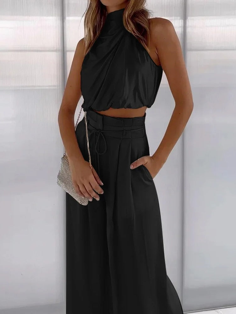 Alessandra - Tweedelige Satijn Set met Mouwloze Crop Top en Lange Broek voor Dames