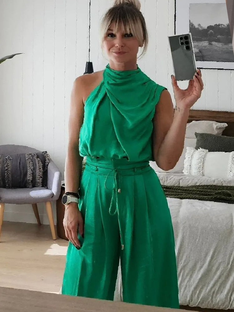 Alessandra - Tweedelige Satijn Set met Mouwloze Crop Top en Lange Broek voor Dames