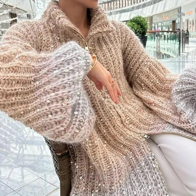 Alyssa - Comfortabel en Stijlvol Gebreid Vest met Rits en Glitters