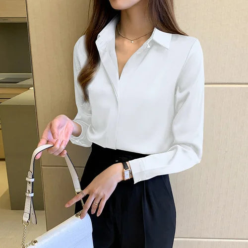 Amara - Satijnen Blouse met Lange Mouwen en V-Hals