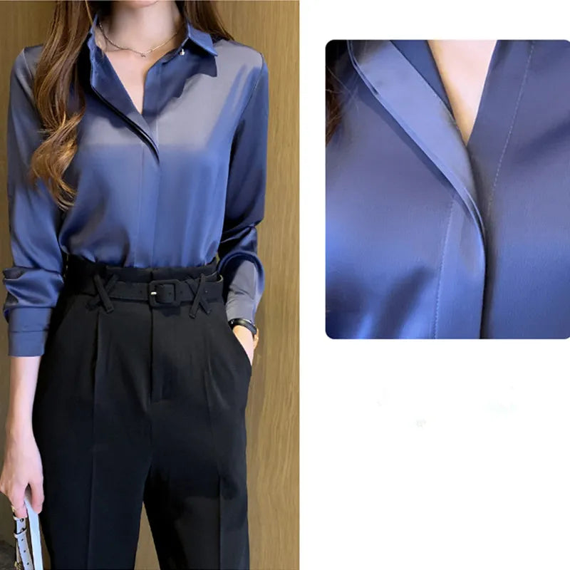 Amara - Satijnen Blouse met Lange Mouwen en V-Hals