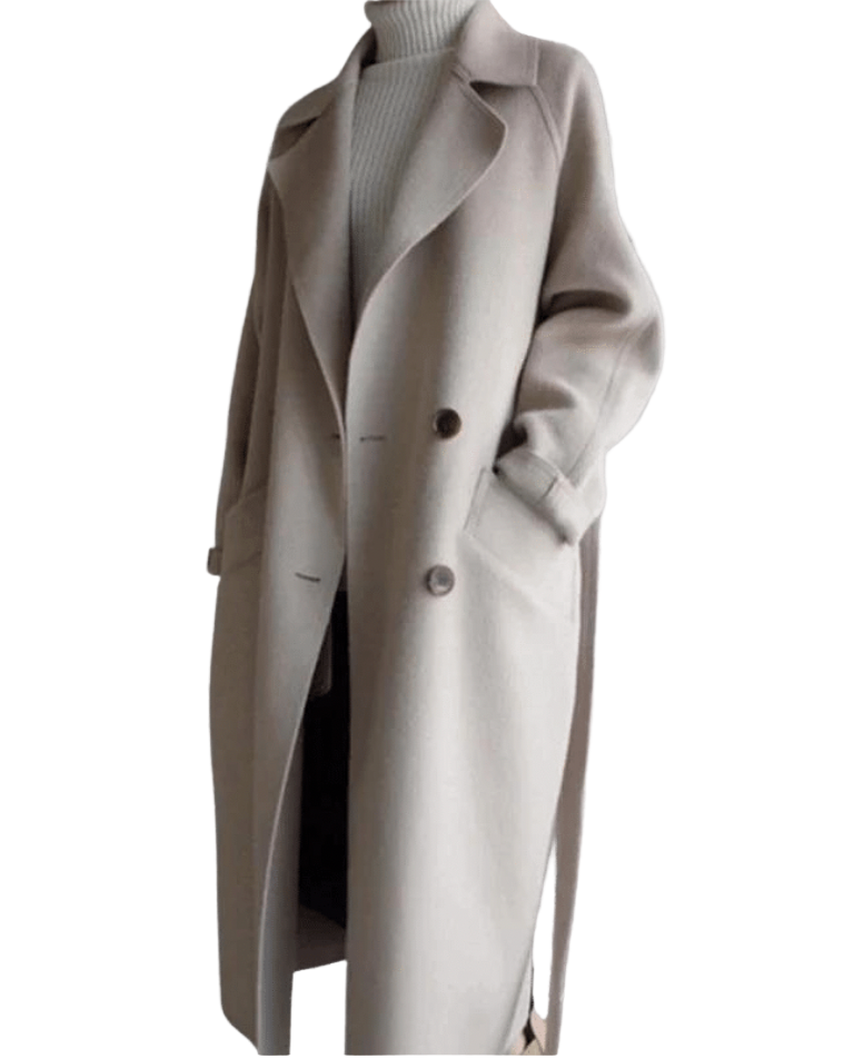 Lange wollen trenchcoat met riem en zakken – Klassieke dameskleding