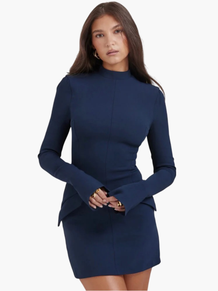 Jurk voor Dames. Lange Mouw. Stijlvol. Victoria Mae. Blauw