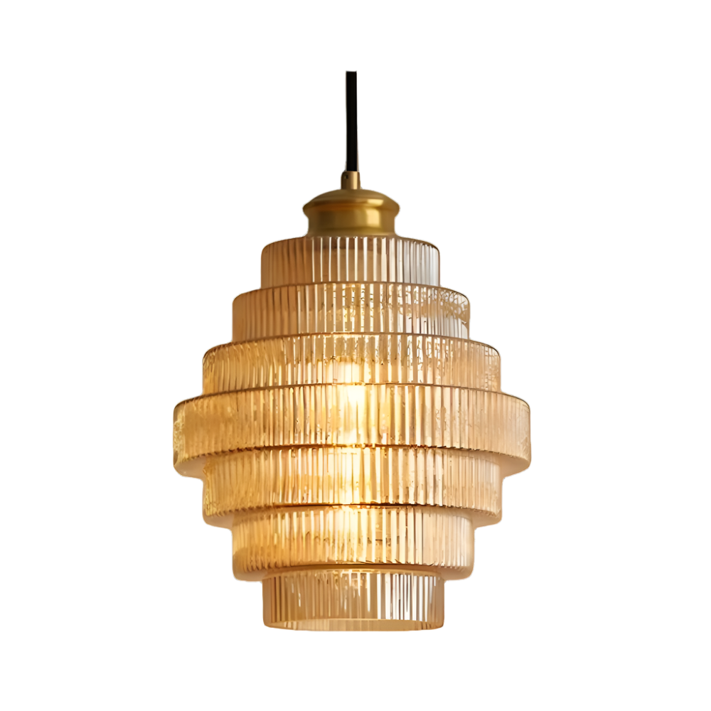Hanglamp van messing en geribbeld glas - Vintage retro eetkamerlamp