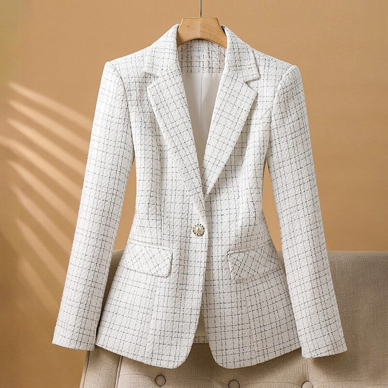 Elegante, op maat gemaakte bouclé tweed blazer – damesjasje met parels