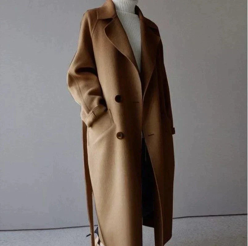 Lange wollen trenchcoat met riem en zakken – Klassieke dameskleding