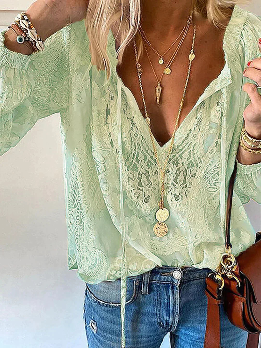 Helena - Chiffon Blouse met Lange Mouwen en V-Hals voor Dames