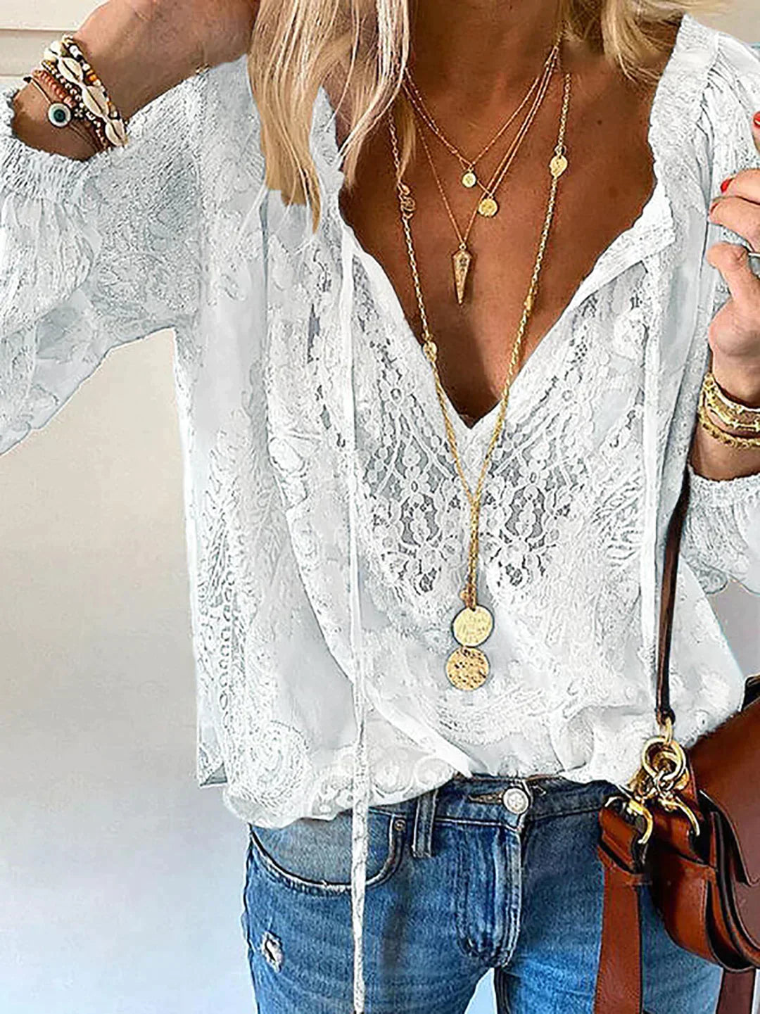 Helena - Chiffon Blouse met Lange Mouwen en V-Hals voor Dames
