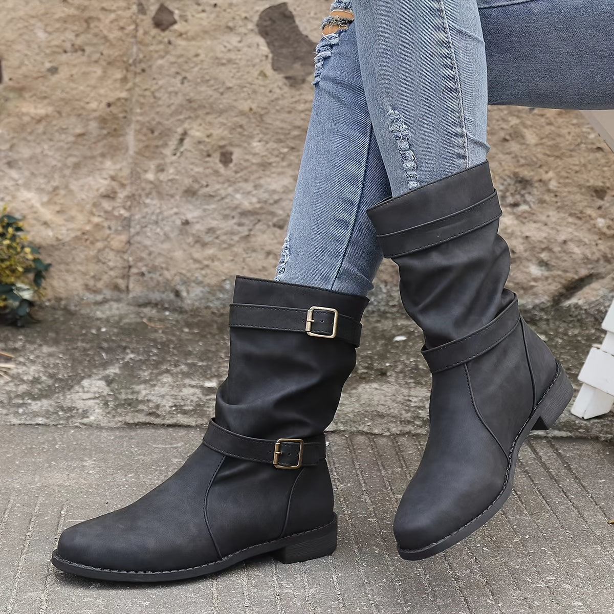 Sarah - Platte Slouchy Buckle Enkellaarsjes voor Dames