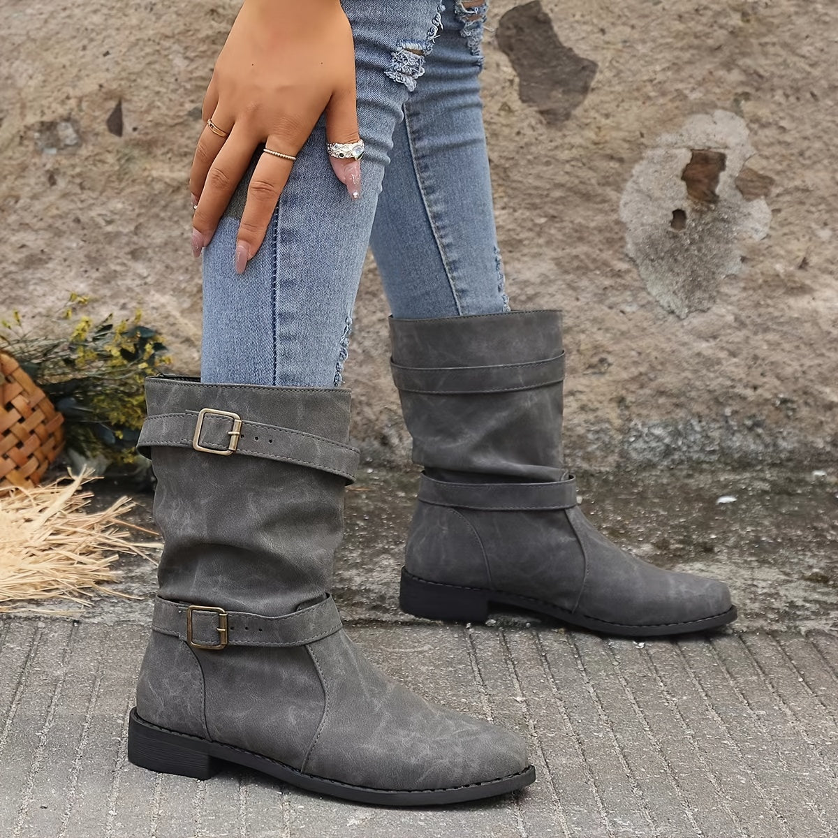 Sarah - Platte Slouchy Buckle Enkellaarsjes voor Dames