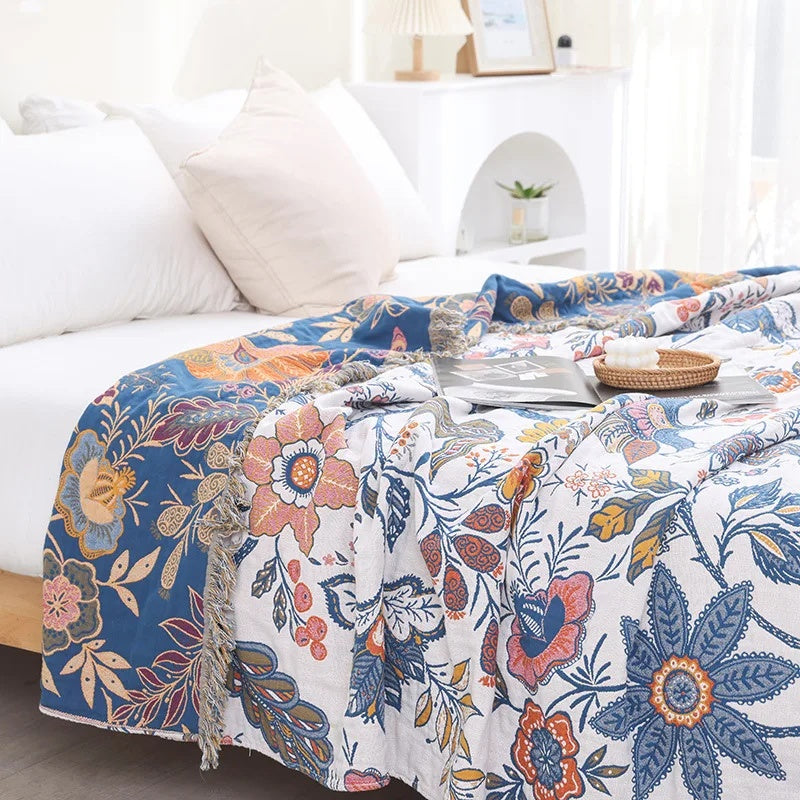 Omkeerbare katoenen jacquard deken met bloemenmotief – lichtgewicht decoratieve laag