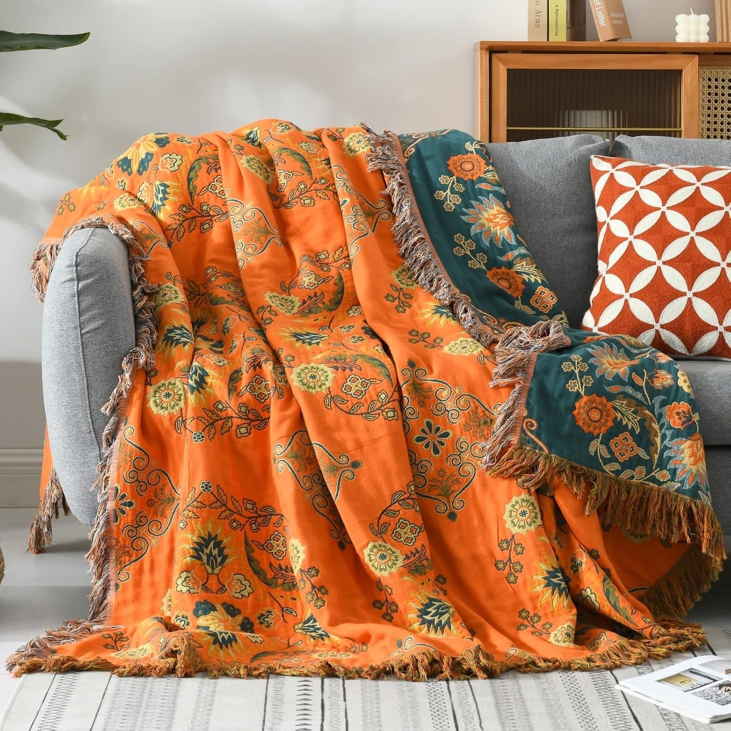 Omkeerbare katoenen deken met bloemenmotief – lichtgewicht decoratief accent