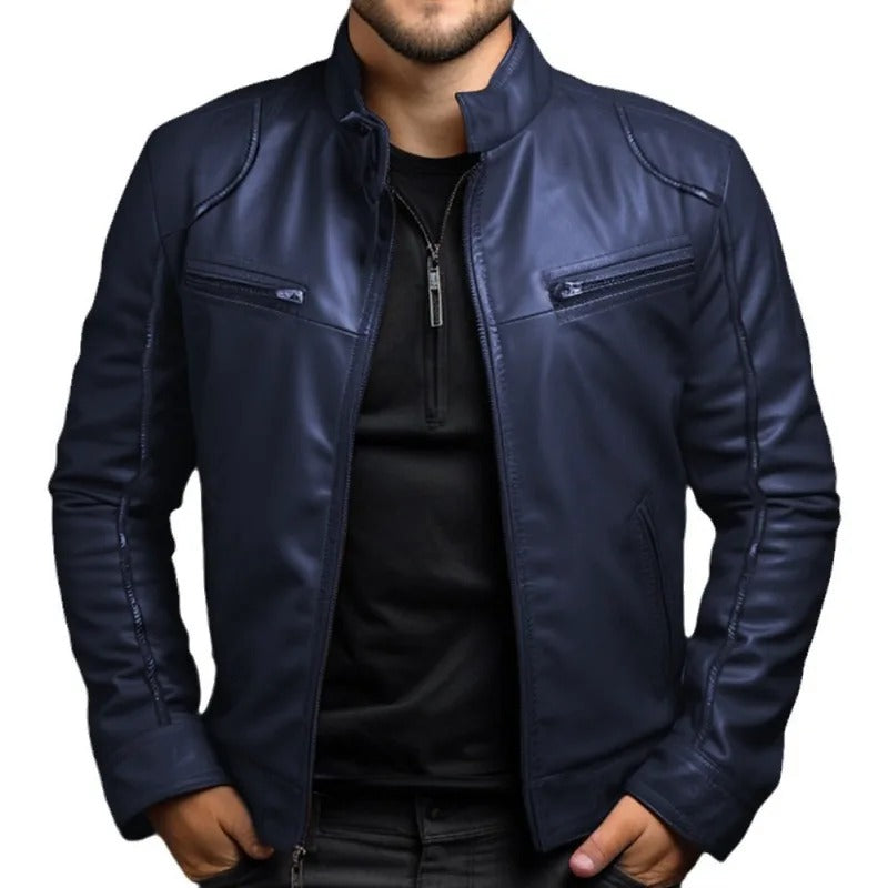 Leren jack in bikerstijl met opstaande kraag – robuuste herenkleding