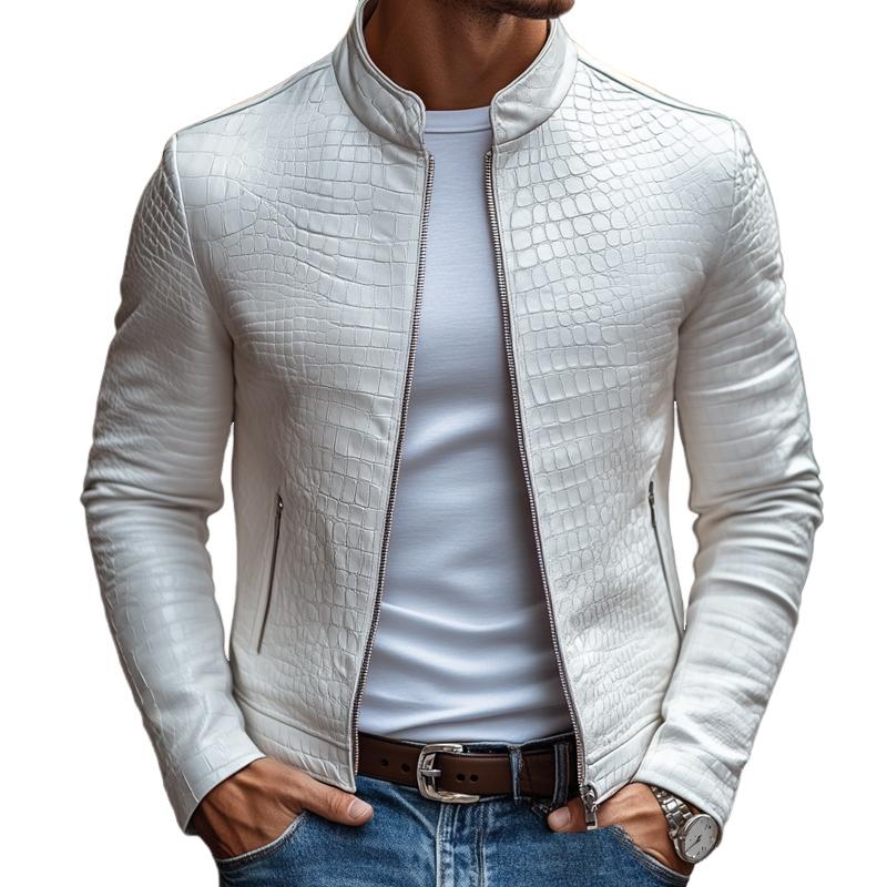 Slim fit leren jas met stenen patroon, opstaande kraag en rits voor heren