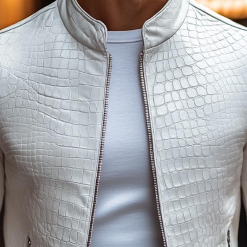 Slim fit leren jas met stenen patroon, opstaande kraag en rits voor heren